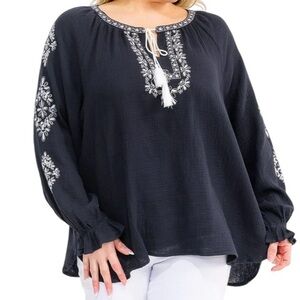 Embroidered Tunic Top Plus Size Rayon Black